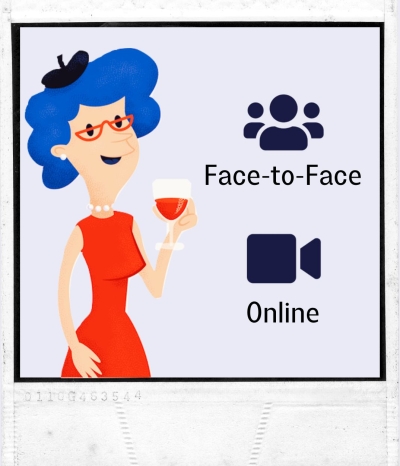 Graphic showing a Language for Fun character in a red dress alongside the logos for our face-to-face and online classes