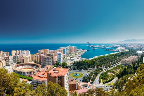 Panoramic view of Malaga, Spain showing the Toros De Ronda Bullring